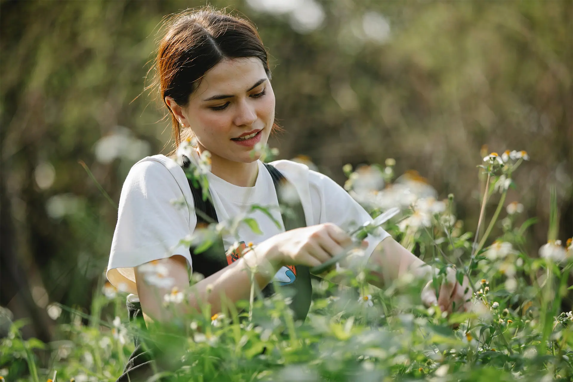 une jeune femme en train de tailler des plantes