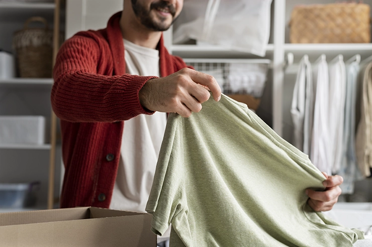 Homme tenant un vêtements dans ses mains