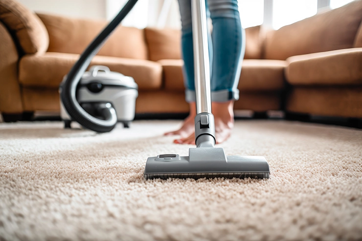 personne passant l'aspirateur sur un tapis