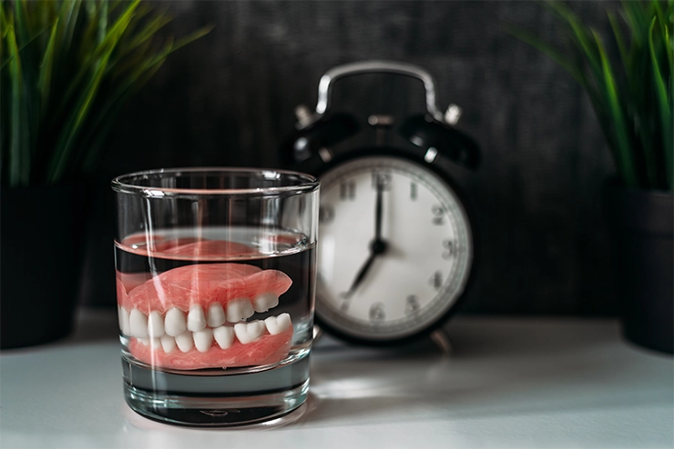 Un dentier dans un verre d'eau